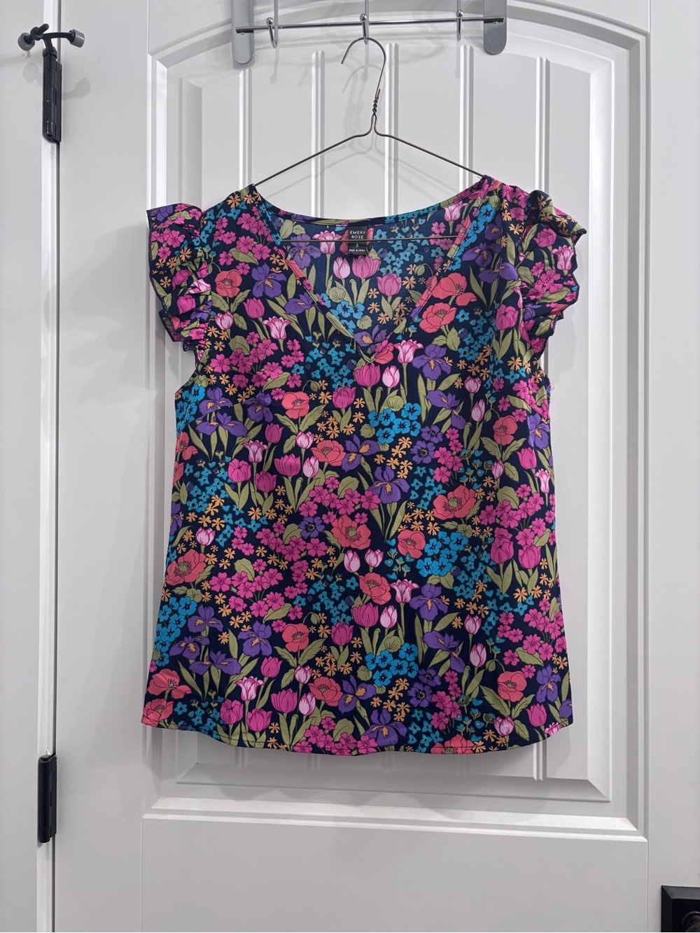 Floral Flutter-Sleeve Top - Pink & Blue Floral